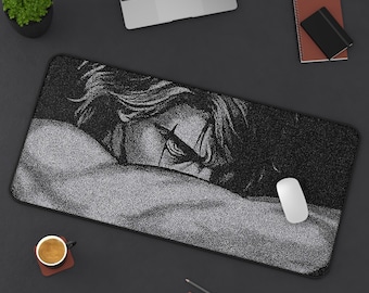 Alfombrilla de ratón con diseño de ángel caído, alfombrilla de escritorio con ojos tristes de Lucifer, arte punteado en blanco y negro, estética de la academia oscura, decoración clásica gótica, alfombrilla extragrande.