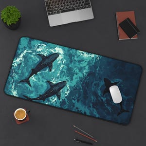 Ocean Shark Scenery Mousepad | Blue Sea Desk Mat | Deep Ocean Art Pad | Aesthetic Shark Mouse Pad | Gaming Desk Decor | Water Theme Mat image 1