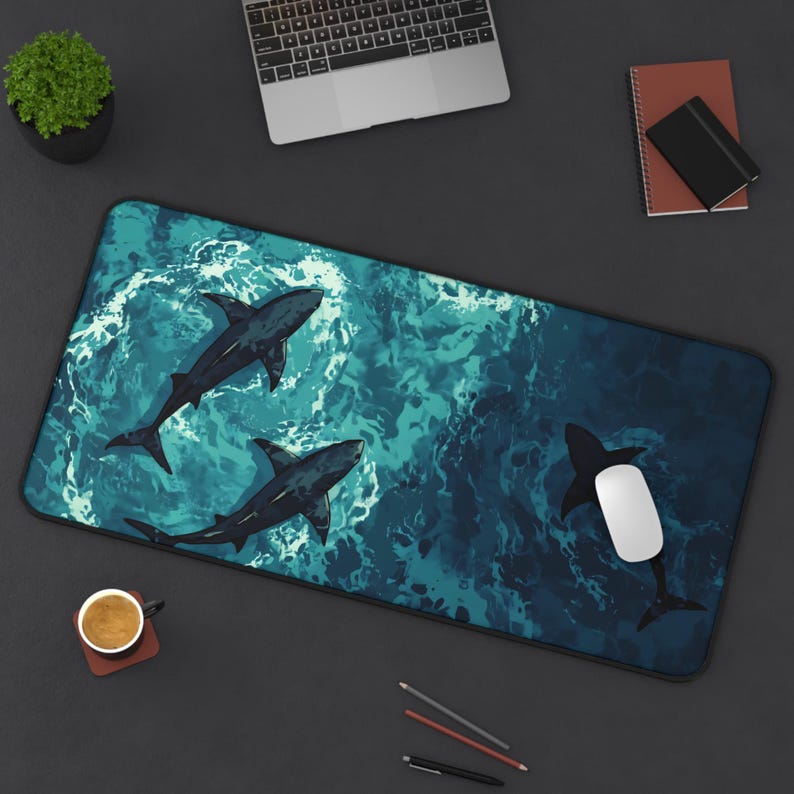Ocean Shark Scenery Mousepad | Blue Sea Desk Mat | Deep Ocean Art Pad | Aesthetic Shark Mouse Pad | Gaming Desk Decor | Water Theme Mat image 1