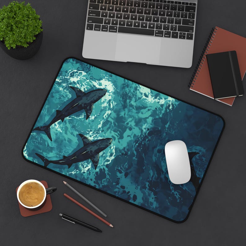 Ocean Shark Scenery Mousepad | Blue Sea Desk Mat | Deep Ocean Art Pad | Aesthetic Shark Mouse Pad | Gaming Desk Decor | Water Theme Mat image 3