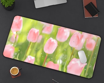 Pink Tulips Deskmat - Floral Gaming Mousepad, Aesthetic PC Mat, Non-Slip Durable Large Pad for Gamers, Office Decor Gift