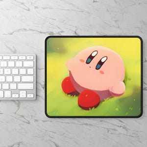 Niedliches Kirby Mousepad | Niedliche Schreibtischunterlage für Zocker | Kleines Neopren Maus Pad | Langlebige genähte Kanten