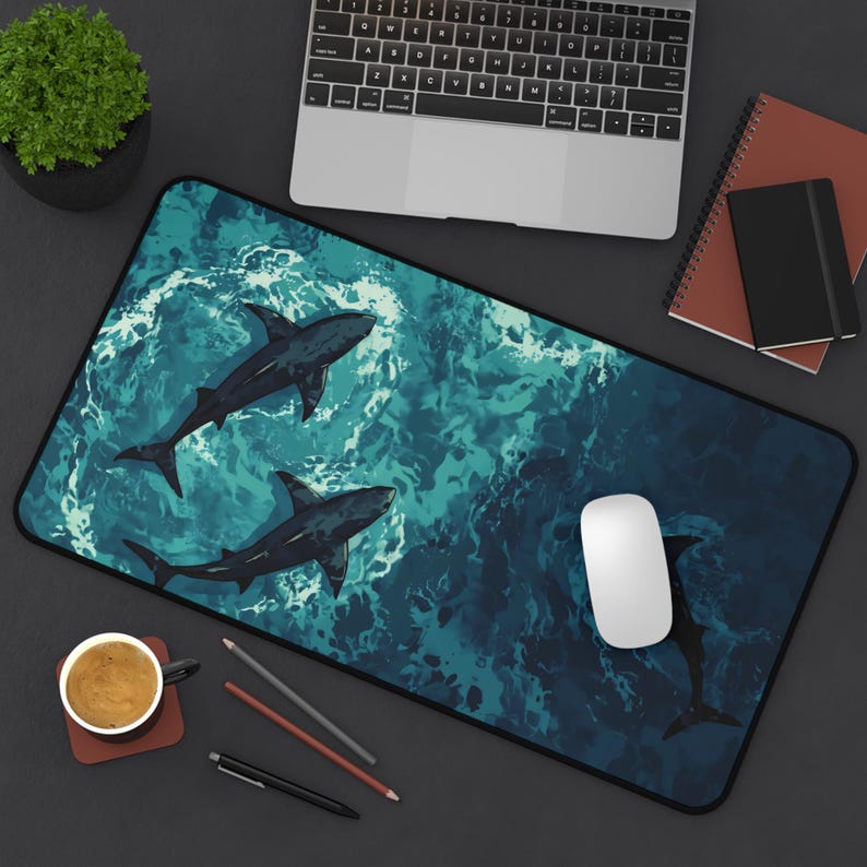 Ocean Shark Scenery Mousepad | Blue Sea Desk Mat | Deep Ocean Art Pad | Aesthetic Shark Mouse Pad | Gaming Desk Decor | Water Theme Mat image 2