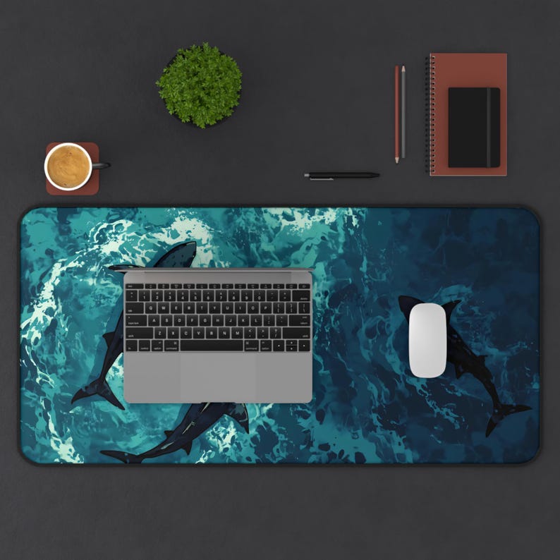 Ocean Shark Scenery Mousepad | Blue Sea Desk Mat | Deep Ocean Art Pad | Aesthetic Shark Mouse Pad | Gaming Desk Decor | Water Theme Mat image 4