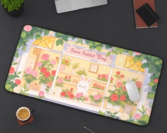 Tappetino da scrivania con fiori di rosa e coniglio kawaii carino - Tappetino per mouse da gioco estetico, tappetino per PC a forma di coniglietto, antiscivolo, resistente, grande per giocatori, regalo per ufficio