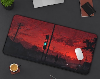 Lofi Red Scenery Mousepad | Aesthetic Desk Mat | Japanese Art Vibes | Kawaii Workspace Decor | Cozy Gaming Setup Gift