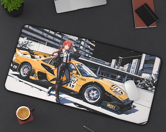 May include: A rectangular mouse pad featuring an anime-style illustration of a yellow sports car with a woman in a black outfit. The background depicts a cityscape. A computer mouse is visible.