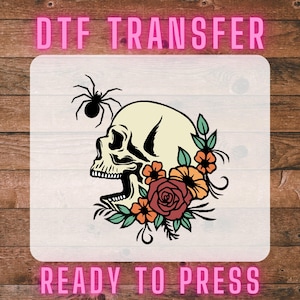 Floral Skull Halloween DTF Transfer Spider Tattoo Style Heat Press Design Ready to Press Vintage Rose Skeleton Print for Fall DIY Tees