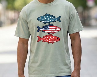 American Flag Fish Shirt | Retro Fishing Comfort Colors Tee | Custom Fisherman Gift | Patriotic Outdoor Graphic Shirt | Bass Trout Ocean Tee