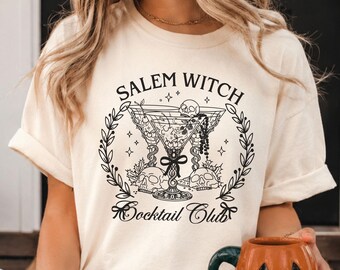 Salem Witch Cocktail Club Shirt, Cute Spooky Cocktail Shirt, Coquette Bow Halloween Tee, Witchy Halloween Party Shirt