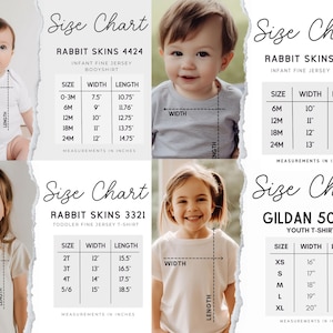 May include: Size charts for infant and youth apparel, including Rabbit Skins bodysuits and t-shirts, and Gildan youth t-shirts. Measurements are in inches, detailing width and length for various sizes, from 0-3 months to XL.