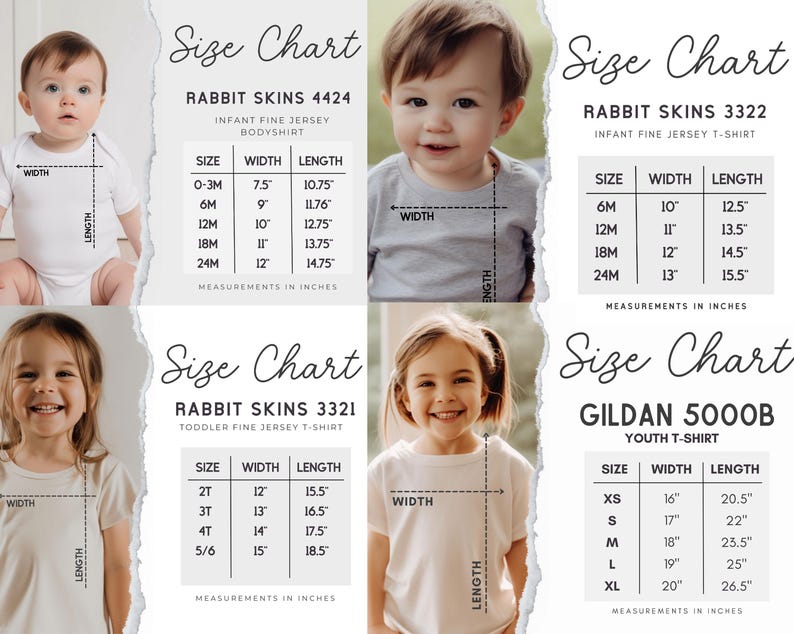 May include: Size charts for infant and youth apparel, including Rabbit Skins bodysuits and t-shirts, and Gildan youth t-shirts. Measurements are in inches, detailing width and length for various sizes, from 0-3 months to XL.