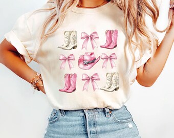 Pink Bow Cowgirl Boots Shirt Comfort Colors, Country Concert Tee, Western Graphic Tee, Country Tee, Cowgirl Boots Tee, Coquette Bow Cowgirl