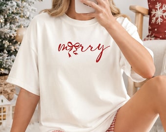 T-shirt Coquette Joyeux Noël | T-shirt minimaliste à nœud ruban et couleurs confortables