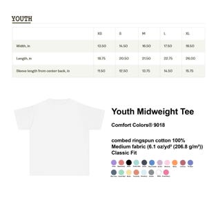May include: A white Youth Midweight Tee with a size chart showing measurements in inches. The shirt is made of combed ringspun cotton and has a classic fit. Available colors include violet, black, and blue jean.
