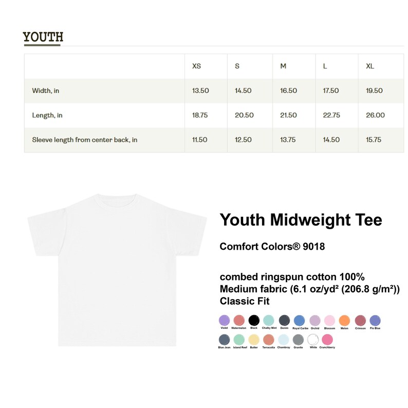 May include: A white Youth Midweight Tee with a size chart showing measurements in inches. The shirt is made of combed ringspun cotton and has a classic fit. Available colors include violet, black, and blue jean.