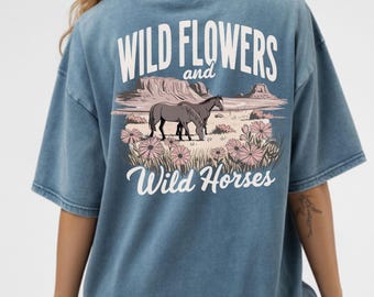 Comfort Colors® Retro Western Tee, Wild Flower Wild Horses Shirt, Vintage Country Graphic Top, Cowgirl Aesthetic Horse Tee