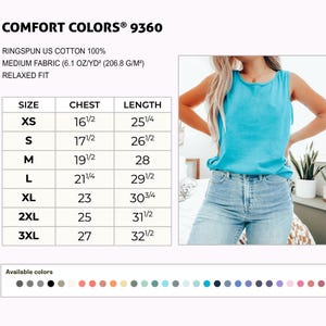 K&ouml;nnte beinhalten: Ein t&uuml;rkisfarbenes Comfort Colors 9360 Tanktop. Das Bild enth&auml;lt eine Gr&ouml;&szlig;entabelle mit Brust- und L&auml;ngenma&szlig;en in cm. Die verf&uuml;gbaren Farben werden unten im Bild angezeigt. Das Tanktop besteht aus Ringspun-US-Baumwolle.