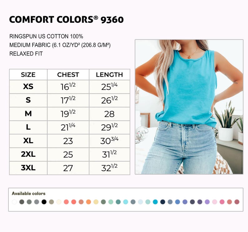 K&ouml;nnte beinhalten: Ein t&uuml;rkisfarbenes Comfort Colors 9360 Tanktop. Das Bild enth&auml;lt eine Gr&ouml;&szlig;entabelle mit Brust- und L&auml;ngenma&szlig;en in cm. Die verf&uuml;gbaren Farben werden unten im Bild angezeigt. Das Tanktop besteht aus Ringspun-US-Baumwolle.