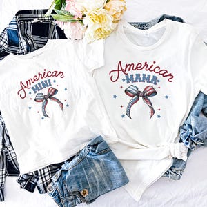 Mama and Mini 4th Of July Shirt, American Mama and Mini Coquette Bow Tee, America Tee, 4th of July Gift, Mommy and Me Matching Tee, Mom Gift