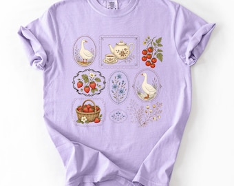 Cottagecore Goose Tea Berries Shirt | Vintage Wildflower Garden Comfort Colors Tee