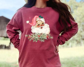Pink Santa Christmas Sweatshirt: Retro Comfort Colors Cotton Crewneck