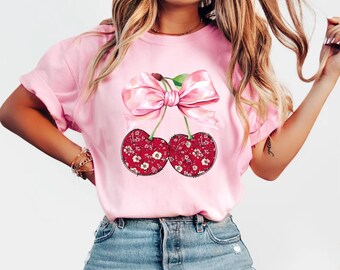 Comfort Colors® Coquette Pink Bow Shirt, Coquette Cherry and Bow Tee, Aesthetic Cherry Shirt, Cute Ribbon Tee, Soft Girl Era,Cherry Coquette