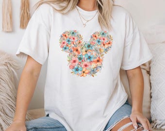 Mickey Flower Tee, Watercolor Floral Mickey Head  Shirt, Mickey Flowers Tshirt, Disney Flowers Shirt, Disney Epcot Shirt for Women