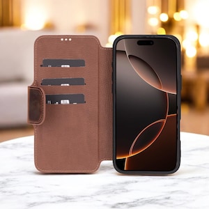 Funda de cuero Roma para 16 Pro, 16 Pro Max: MagSafe, protección RFID, tarjetero, funda tipo libro de lujo