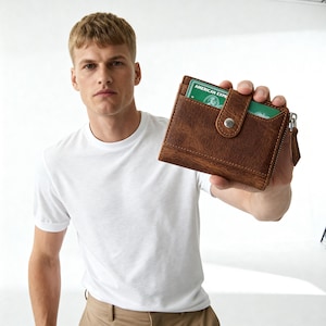 May include: A brown leather bi-fold wallet featuring a snap button closure, a side zipper compartment, and an exterior card slot containing a green American Express card. The wallet has a distressed texture and visible stitching along the edges.