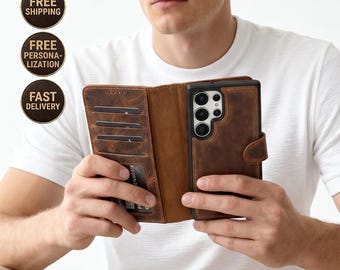 Fundas tipo cartera de piel personalizadas para Samsung Galaxy S25 Plus Ultra, con cubierta magnética desmontable, bloqueo RFID y tarjetero.