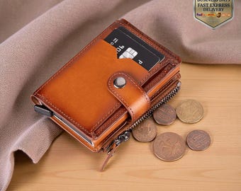 Personalized Leather Card Holder, Rfid Blocking Wallet, Quick Access Wallet & Coin Pocket. Slim Card Case