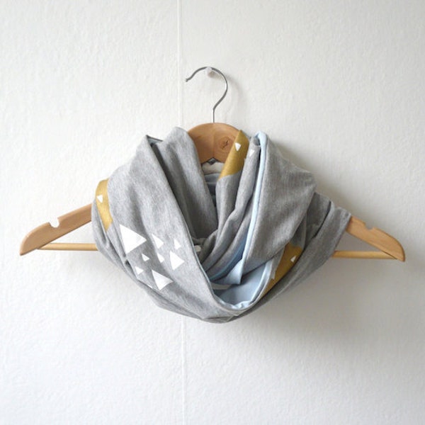 Infinity Scarf Hand Printed / Moon & Mountains Grey Gold Blue