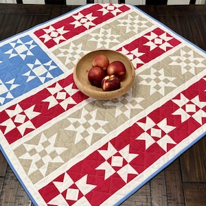 Puede incluir: Camino de mesa acolchado con un diseño patriótico. El camino de mesa presenta una sección azul con estrellas blancas, rayas rojas y beige con patrones de estrellas blancas y un borde azul. Un cuenco de madera con fruta roja encima.