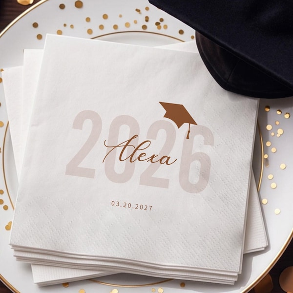Servilletas de graduación personalizadas - Servilletas de cóctel personalizadas para la promoción de 2026 con birrete de graduación para la decoración de la fiesta de graduación.