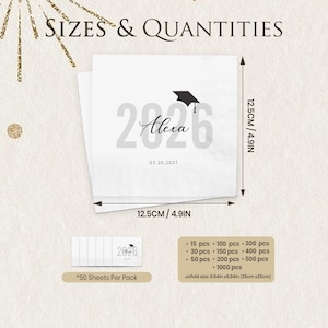May include: White graduation napkins with the text "2026 Alexa" and a graduation cap graphic. The napkins are 4.9 inches (12.5 cm) square. The image also shows quantity options and the date 03.20.2027.