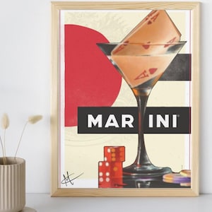 Martini Cocktail Art Print – Retro Casino-Inspired Wall Art, Playing Cards in Glass, Vintage Bar Decor Poster