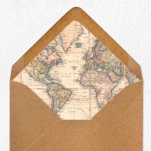 May include: A brown paper envelope with a vintage world map design on the inside flap. The map is in shades of brown, blue, and green.
