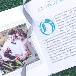 May include: An open book with a blue and white decorative design on the cover. The book is titled "A Love Story" and the first chapter is titled "Chapter I". A photo of a couple reading a book together is on the left page. The couple is sitting on a grassy surface.