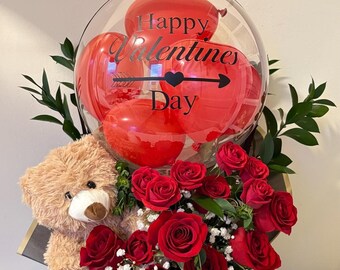 Valentine's Day Balloon Bouquet with Roses and Teddy Bear (PICKUP ONLY in Clifton, NJ)