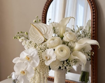 White Asymmetrical Wedding Bouquet, Morden Bridal Bouquet, Made with Anthurium, Orchid, Calla Lily, Ranunculus and Amaranthus
