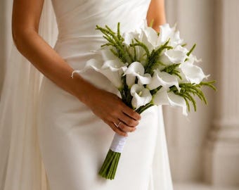 Faux Ivory Real Touch Roses Bridal Bouquet, Calla Lilies Wedding Bouquets, Cream White Wedding Bouquets Fake Flowers