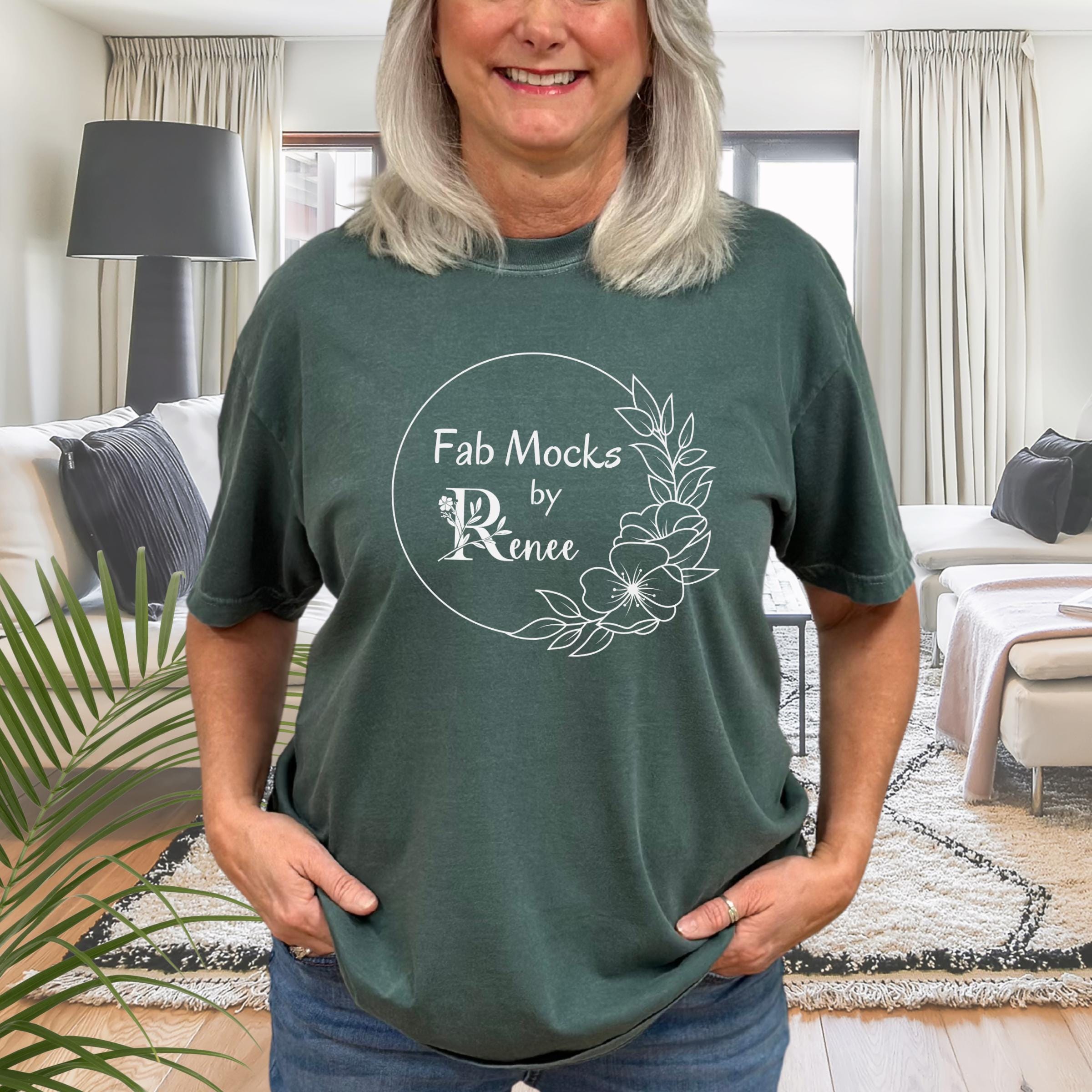 Comfort Colors 1717 Blue Spruce Mockup, CC1717 Oversized Tee Horizonal Mock-up, Middle Aged Grandma Real Person Model, Real Colored T-Shirt