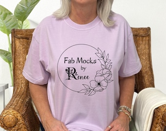Comfort Colors 1717 Orchid Mockup, CC1717 Oversized Tee and Mug Mock-up, Middle Aged Grandma Real Person Model, Real Colored Shirt