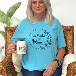 Comfort Colors 1717 Lagoon Blue Mockup, CC1717 Oversized T-shirt and mug Mock-up, Middle Aged Grandma Real Person Model, Real Colored Shirt