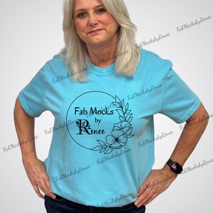Comfort Colors 1717 Lagoon Blue Mockup, CC1717 Oversized Tee Horizonal Mock-up, Middle Aged Grandma Real Person Model, Colored T-Shirt Stand