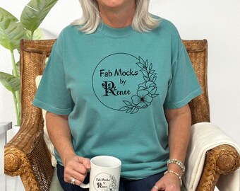 Comfort Colors 1717 Seafoam Mockup, CC1717 Oversized Tee and Mug Mock-up, Middle Aged Grandma Real Person Model, Real Colored Shirt