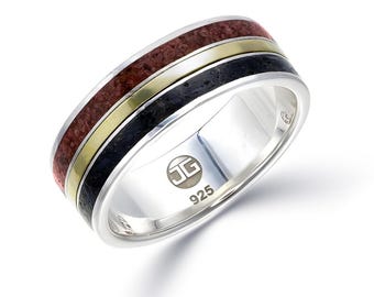 BAGUE DE FOSSILES : os de dinosaure brontosaure, dent de mégalodon, or 14 carats. Alliance en argent sterling et unique. Bague spéciale Mariage alternatif