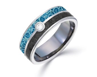 MEGALODON & CORAL : dent de requin broyée, corail fossilisé, vrai diamant. Bague de fiançailles alternative. Alliance pour homme. Argent sterling.