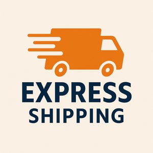May include: An orange delivery van graphic with speed lines, above the words "EXPRESS SHIPPING" in dark blue. The background is a light beige colour. The image is a logo.